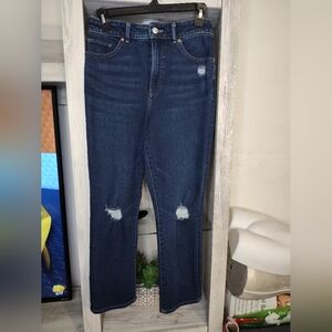 Express Distressed Blue Straight Leg Jeans Curvy Slim Super High Rise SZ 4S